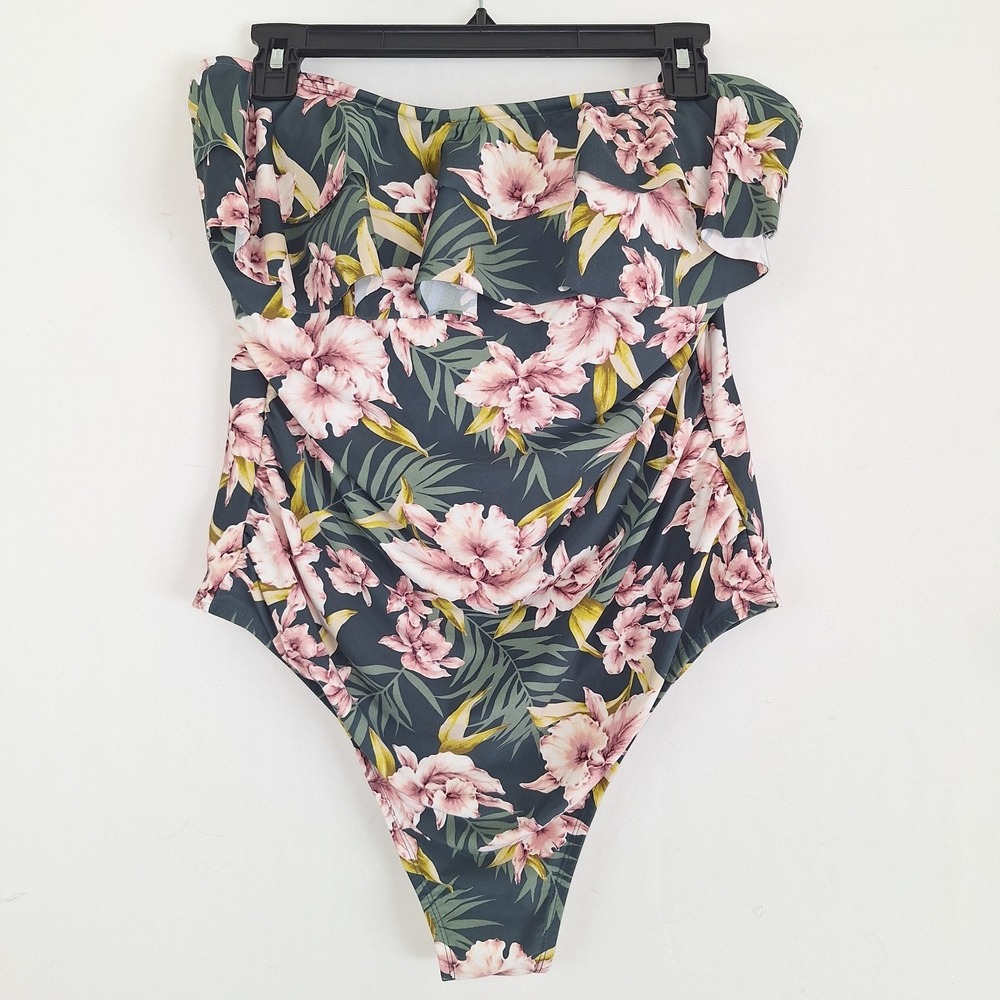 Kona Sol Floral Strapless Ruffle Flounce Swimsuit Dark‎ Green Tropical 18W Plus